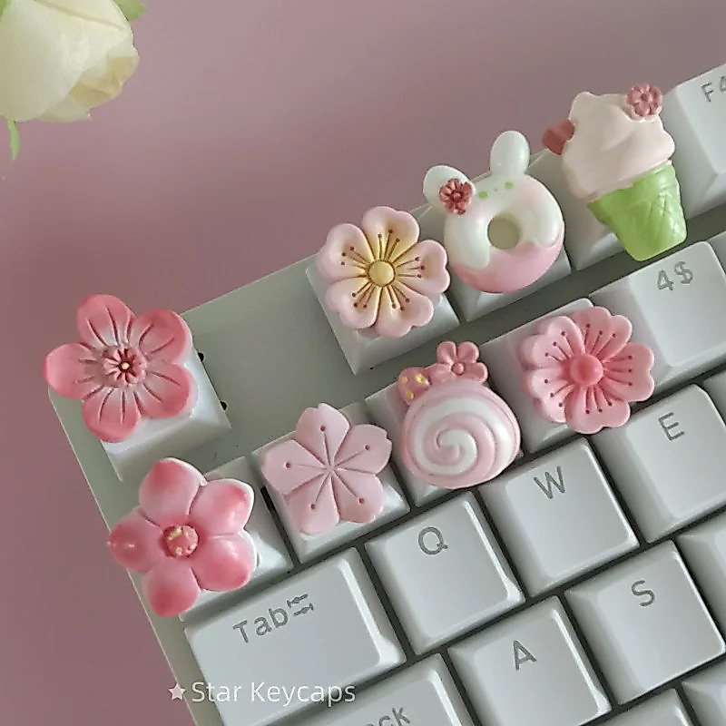 Custom สีชมพู Kawaii Sakura คีย์บอร์ด Keycaps ดอกไม้ Artisan Key Caps สําหรับ Cross Shaft คีย์บอร์ดเกมอุปกรณ์เสริม