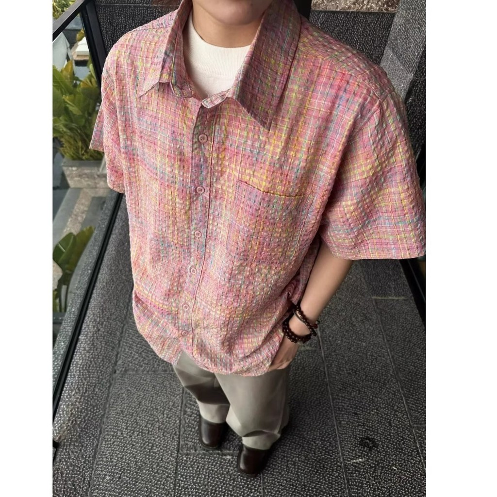 ฤดูร้อนสีชมพู Seersucker แขนสั้นเสื้อเด็กชาย High-End Youth Feeling Beach Travel บรรยากาศเสื้อด้านนอ