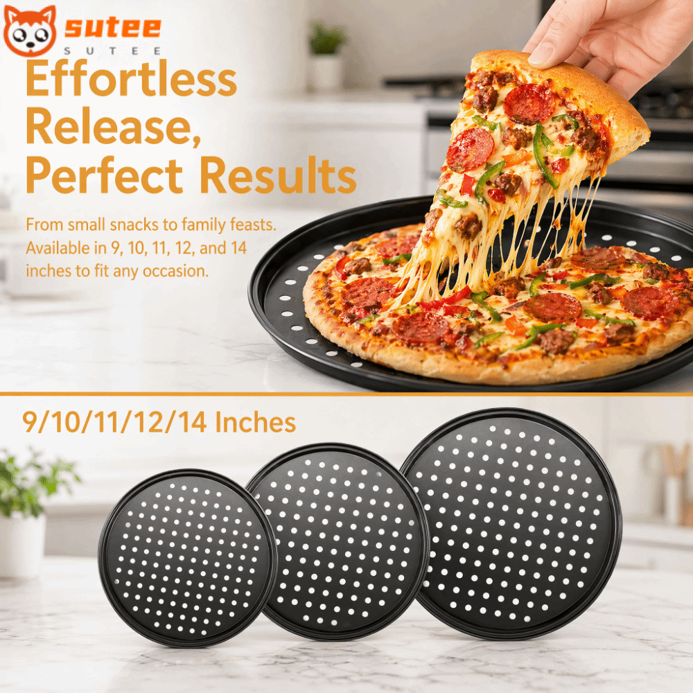 SUTEE ถาดอบพิซซ่า, 9/10/11/12/14 นิ้วเหล็กคาร์บอน Perforated Pizza Pan ชุด, ทนทาน Non Stick Mupti Purpose รอบจานทําอาหารกรอบ & Bubbly