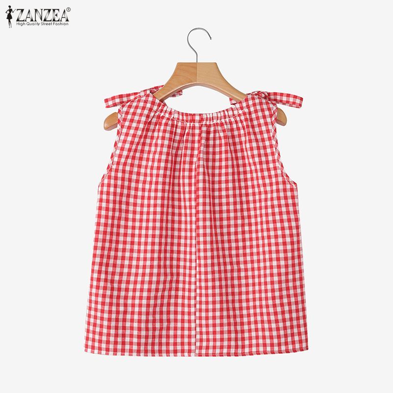 ZANZEA ผู้หญิงสาวเกาหลี O คอแขนกุดหลวมลายสก๊อต Bowknot Tank — صورة 8
