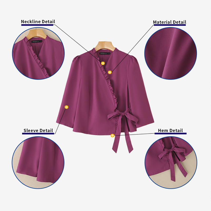ZANZEA เสื้อเบลาส์แฟชั่นสตรี สีทึบ คอวี แขน 3/4 ขอบระบายและสายคาด — صورة 7