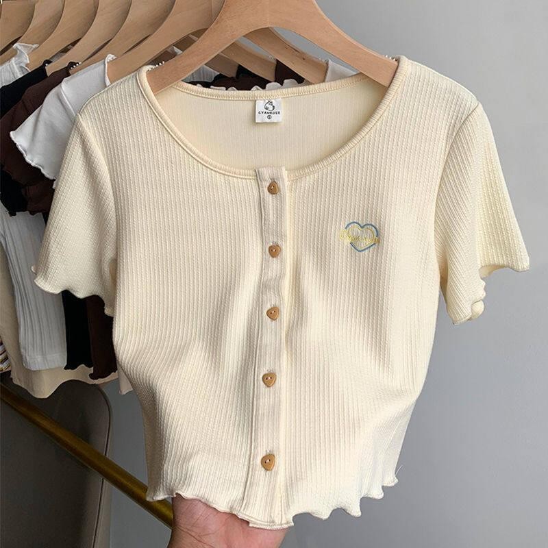 เสื้อครอปแขนยาวผู้หญิง เสื้อยืดแฟชั่นสไตล์เกาหลี เสื้อครอปหญิง เสื้อยืดแขนสั้น