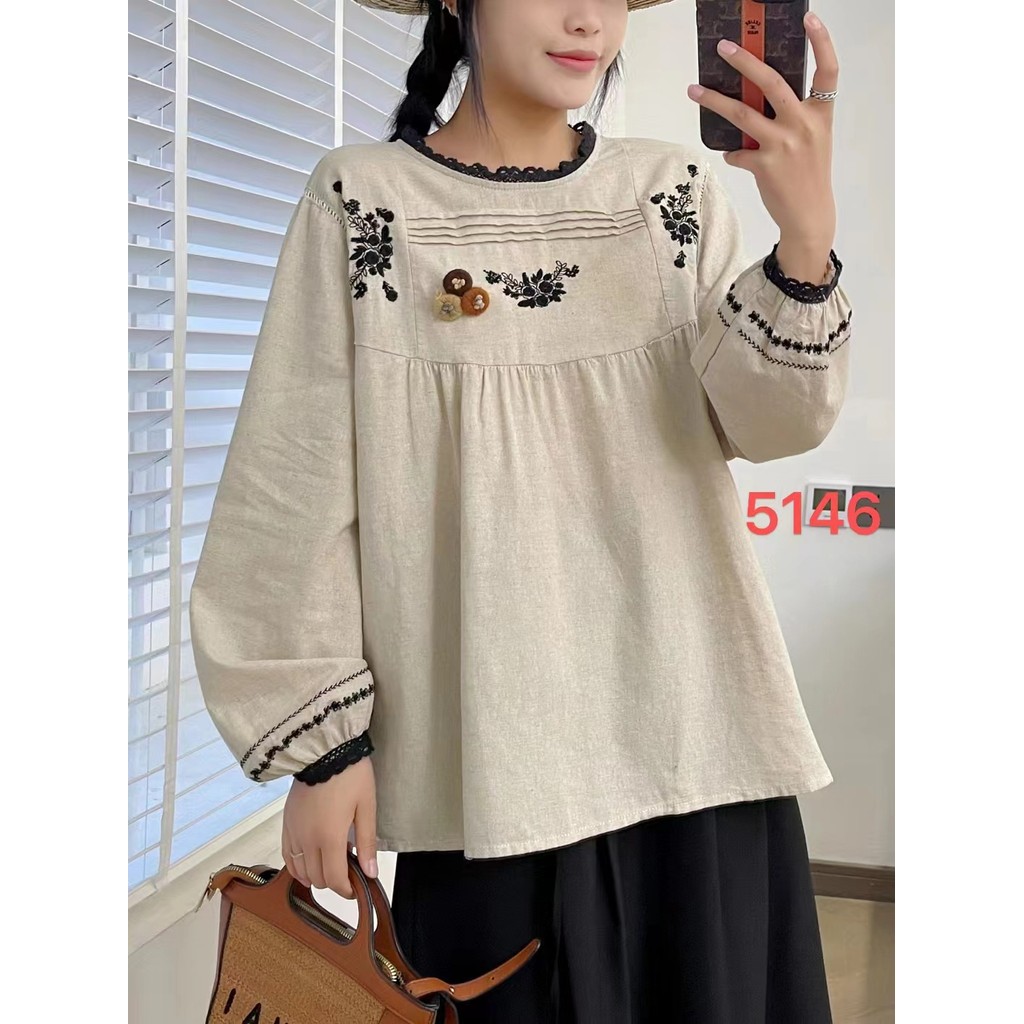 ผู้หญิงที่มีคุณภาพสูง100%ผ้าฝ้ายเสื้อเสื้อเกาหลีประกบหลวม ผอมด้านบน ย้อนยุค สไตล์ชาติพันธุ์เย็บปักถักร้อยผ้าฝ้ายผ้าลินินลูกเรือคอเสื้อแขนยาวผู้หญิงเสื้