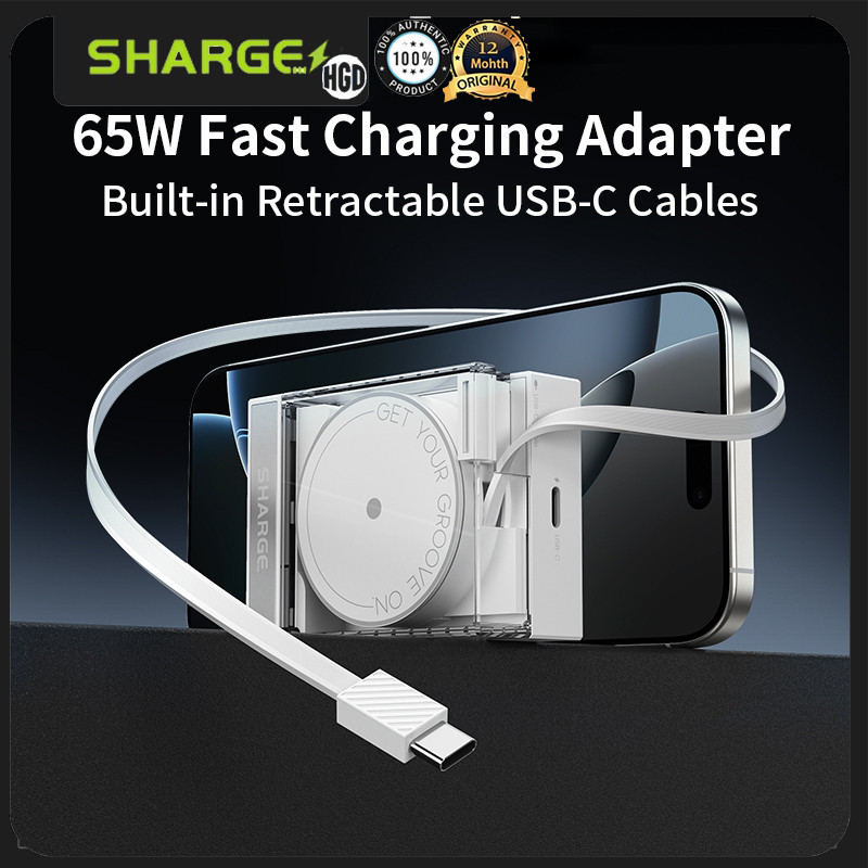 SHARGE 65W USB C Charger GaN Fast Charger ในตัว 70 ซม.แบบพับเก็บได้ USB C สาย