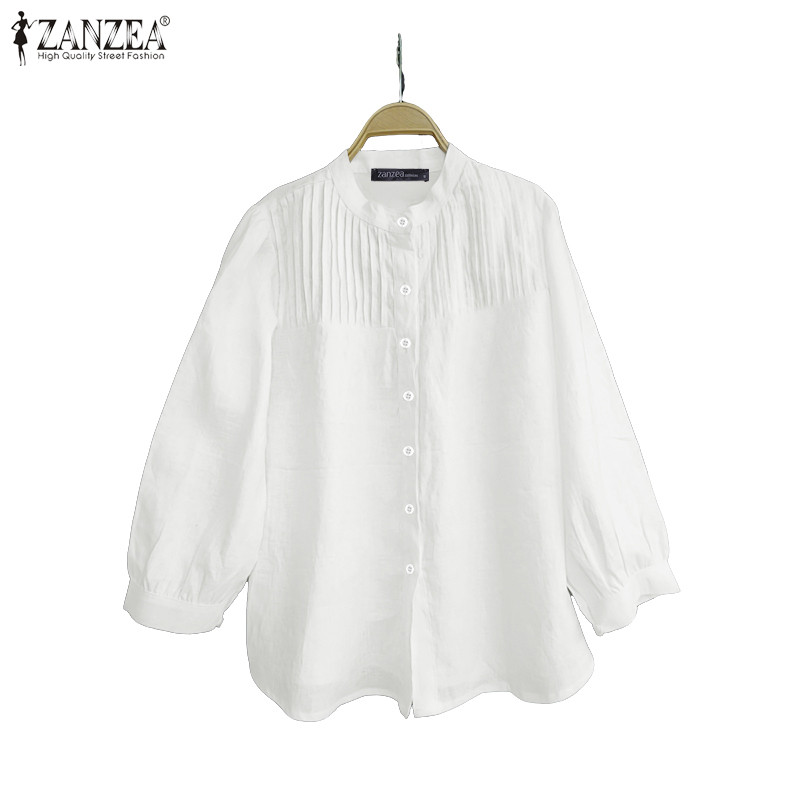ZANZEA ซานเซีย เสื้อยืนปกสำหรับผู้หญิง สไตล์เกาหลี แขนยาว กะทัดรัดและสวมใส่ง่าย
