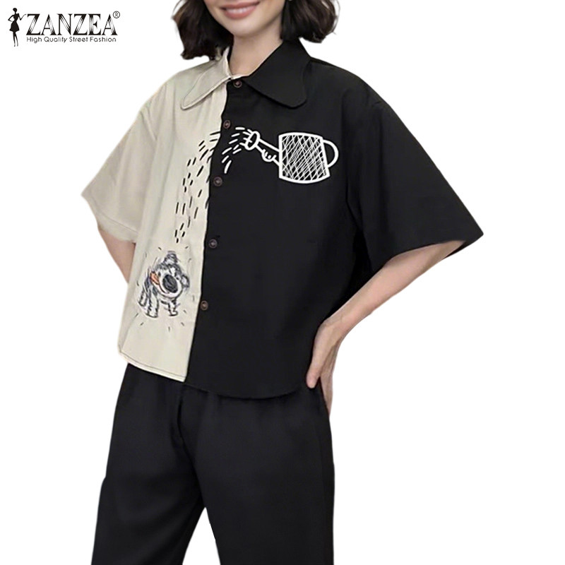 ZANZEA เสื้อเชิ้ตแขนสั้นคอปกคลาสสิกสำหรับผู้หญิง