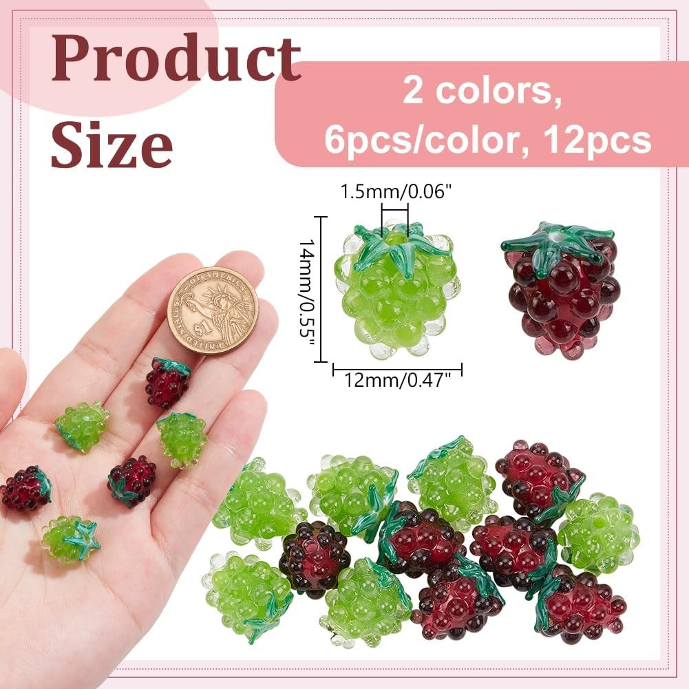 NBEADS 12 ชิ้น Handmade Lampwork ลูกปัด, 14 มม.แก้วผลไม้ลูกปัดองุ่นหลวม Lampwork Spacer ลูกปัดสําหรั