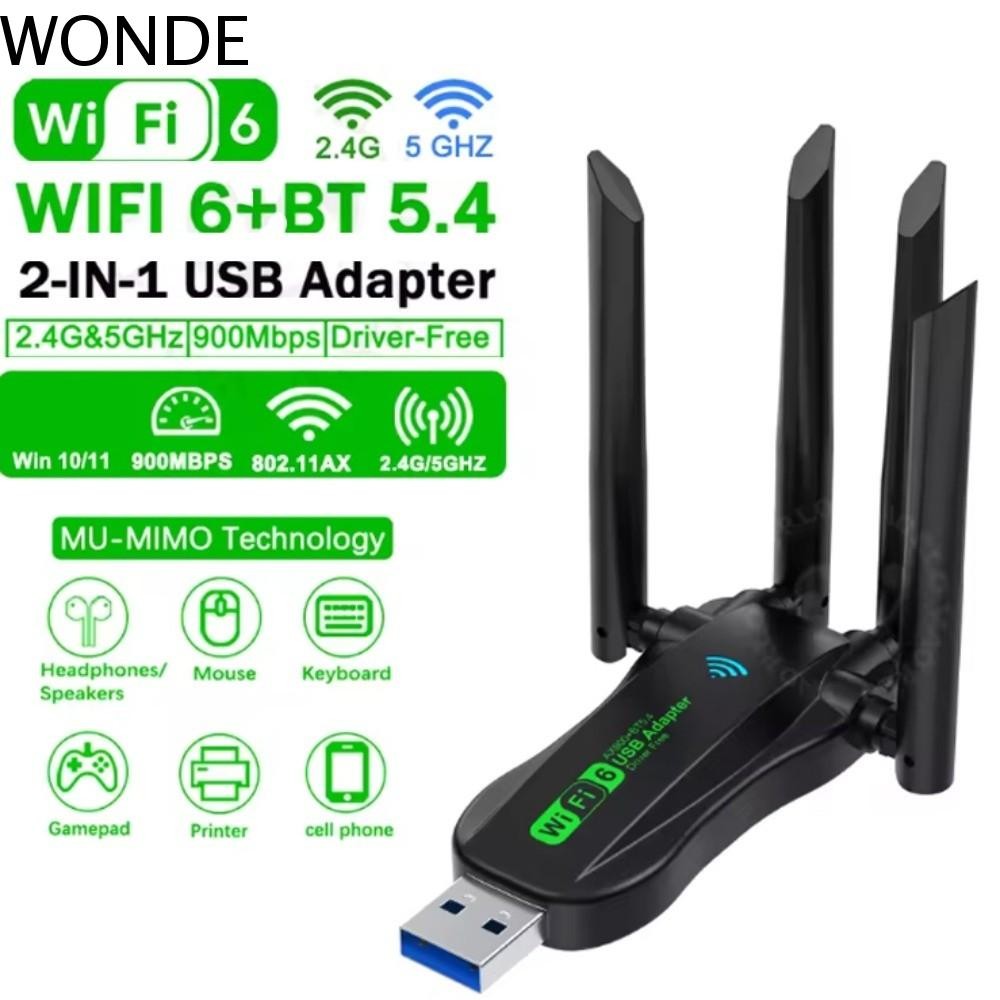 WONDE อะแดปเตอร์ USB WiFi6 Dual Band, บลูทูธ 5.4 AX900 900Mbps WiFi Dongle, อุปกรณ์เครือข่าย 2.4G/5G