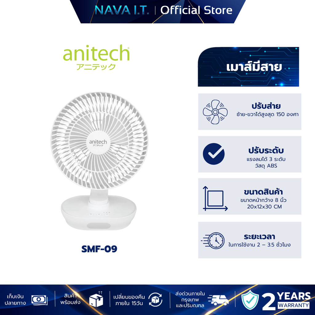 ANITECH พัดลมชาร์จไฟ รุ่น SMF-09 WHITE พัดลมชาร์จไฟ ปรับระดับแรงลมได้ 3 ระดับ