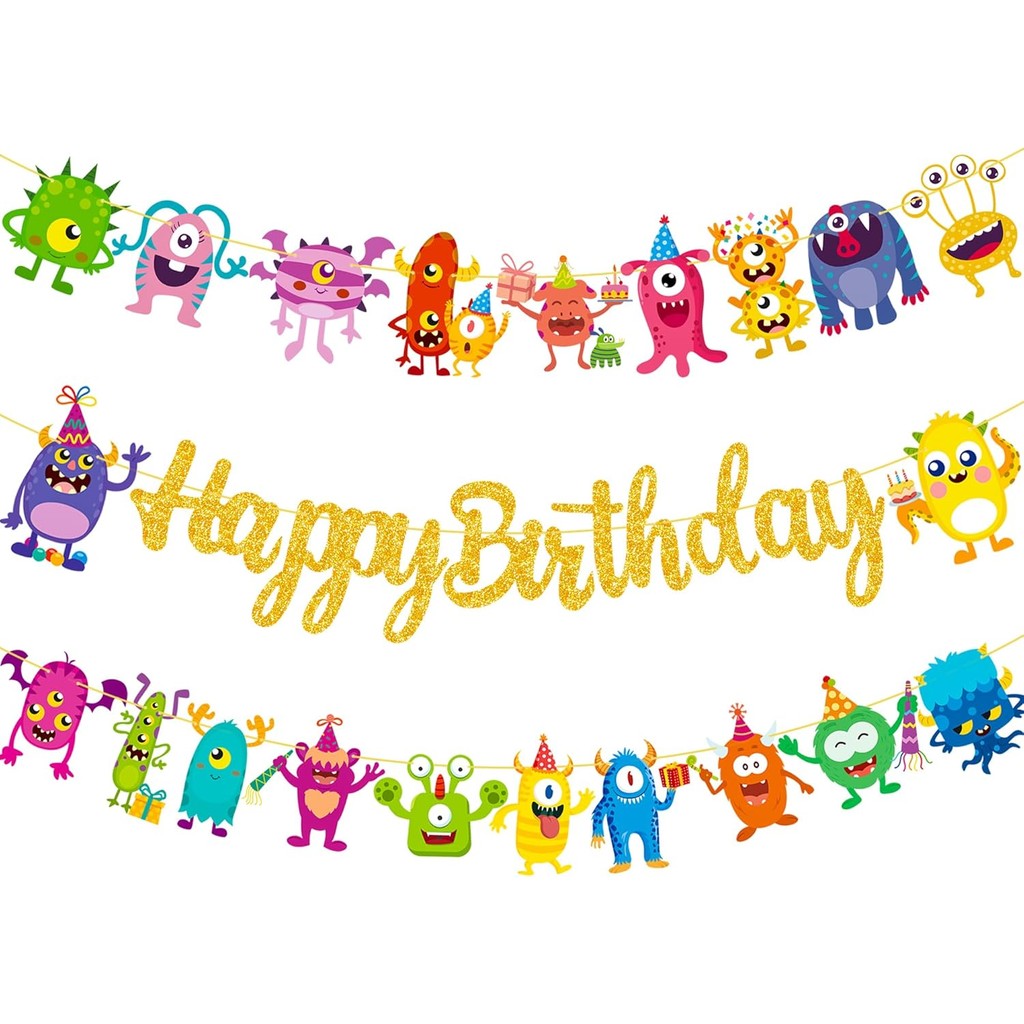 Monster Happy Birthday Banner Monster Bash Birthday Party Supplies Glitter Little Monster Birthday B