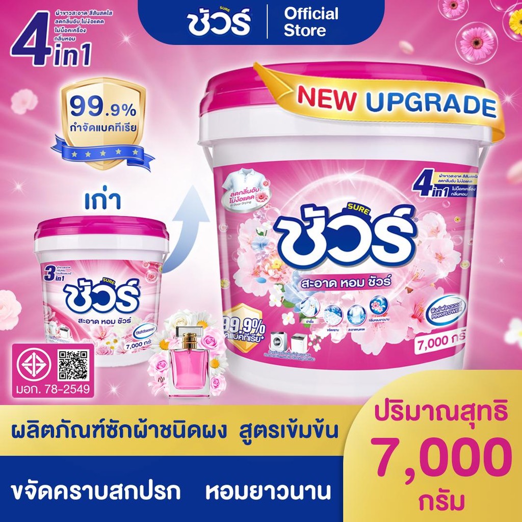 SURE 4in1 ผงซักฟอก ชัวร์ 7kg  ฆ่าเชื้อ 99.9%➕ขจัดคราบสกปรก➕ ป้องกันการตกสีห➕อมสดชื่น 72 ชั่วโมง