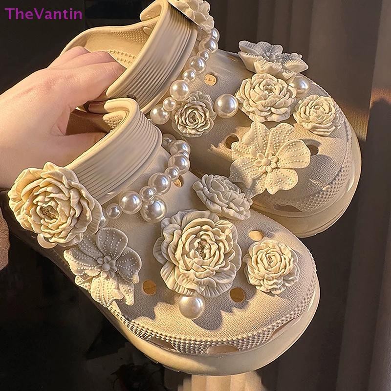 TheVantin 8/17 ชิ้นแฟชั่นฤดูร้อนหลุมรองเท้า Charms หัวเข็มขัดอุปกรณ์เสริมขั้นสูงช่อดอกไม้ไข่มุก DIY 3D ดอกไม้รองเท้าตกแต่งสินค้าดี