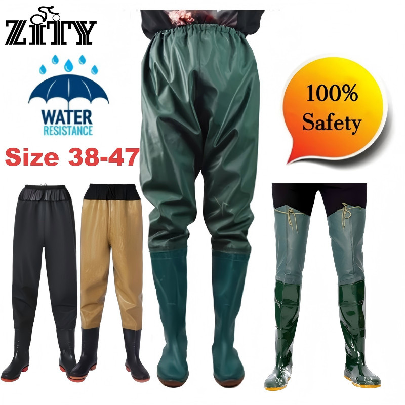ZITY กางเกงลุยน้ำเอวสูง PVC กันน้ำ 100% กางเกงตกปลา จับปลา ทำนา งานเกษตร สีเขียวทหาร