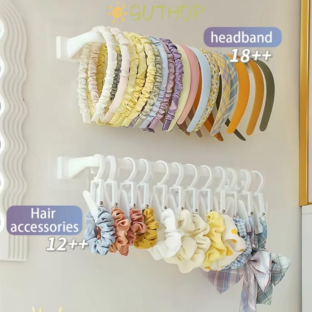 GUTHOP Scrunchies ชั้นเก็บที่คาดผม, ที่เก็บยางรัดผมมัลติฟังก์ชั่นแบบไม่ต้องเจาะด้วยตนเอง, กิ๊บติดผมติดผนังที่เก็บห่วงผมที่ใส่ที่คาดผม