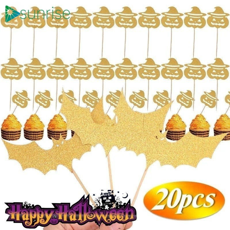 [บ้าน]อุปกรณ์อบขนมฮาโลวีนแพ็คสุดคุ้ม | 10/20 ชิ้นค้างคาวฟักทองเค้กแทรก, Shimmer Gold Paper Party Top