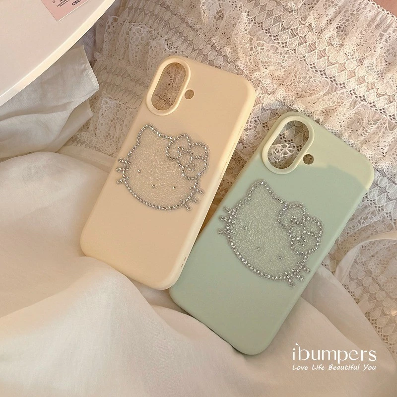 Ibumpers ความงาม Rhinestone Hello Kitty สติกเกอร์เคสโทรศัพท์สําหรับ IPhone 11 12 13 14 15 16 17 Pro Max Liquid Silicon ปกหลัง thumbnail 6