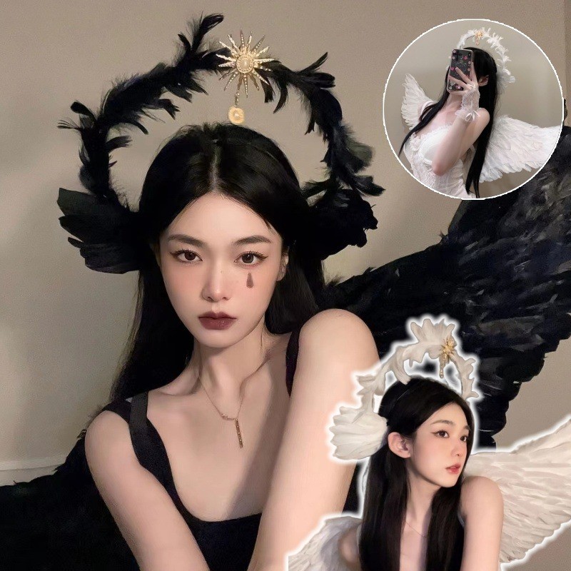 คาดผมนางฟ้า ปีกนางฟ้า ประดับขนนก นางฟ้า ปีศาจ คอสเพลย์ ผู้ใหญ่และเด็ก ฮาโลวีน ตกแต่งคาดศีรษะ