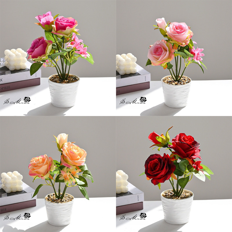 COD ดอกกุหลาบประดิษฐ์ พืชประดิษฐ์สีเขียว ตกแต่งต้นไม้กระถางในบ้าน อุปกรณ์ถ่ายภาพ