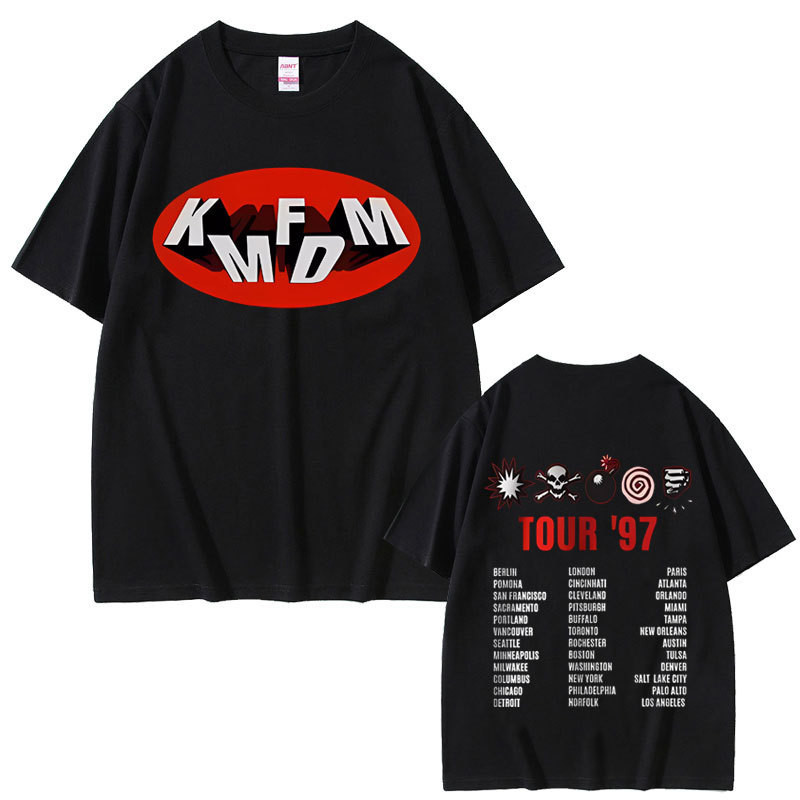 เสื้อยืดกราฟิกพิมพ์ Rock Band Kmfdm Tour 97 สไตล์ฤดูร้อนสำหรับผู้ชาย