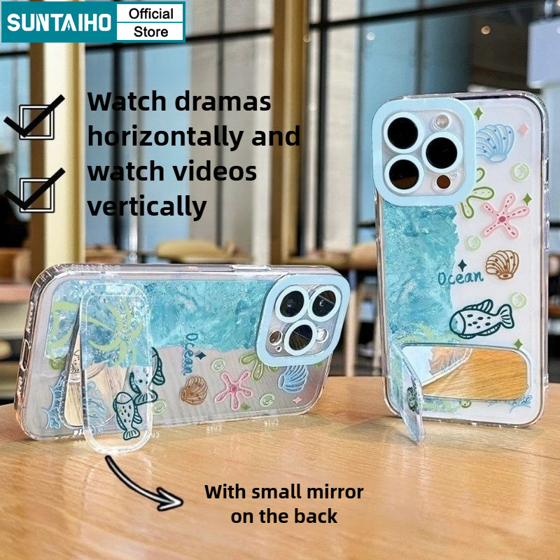 Suntaiho เคสโทรศัพท์สดตลกทะเลแรงบันดาลใจเชลล์และปลาปกหลังพับกระจกแต่งหน้าสําหรับ iPhone 11 12 13 14 15 16 Pro Max IP Plus