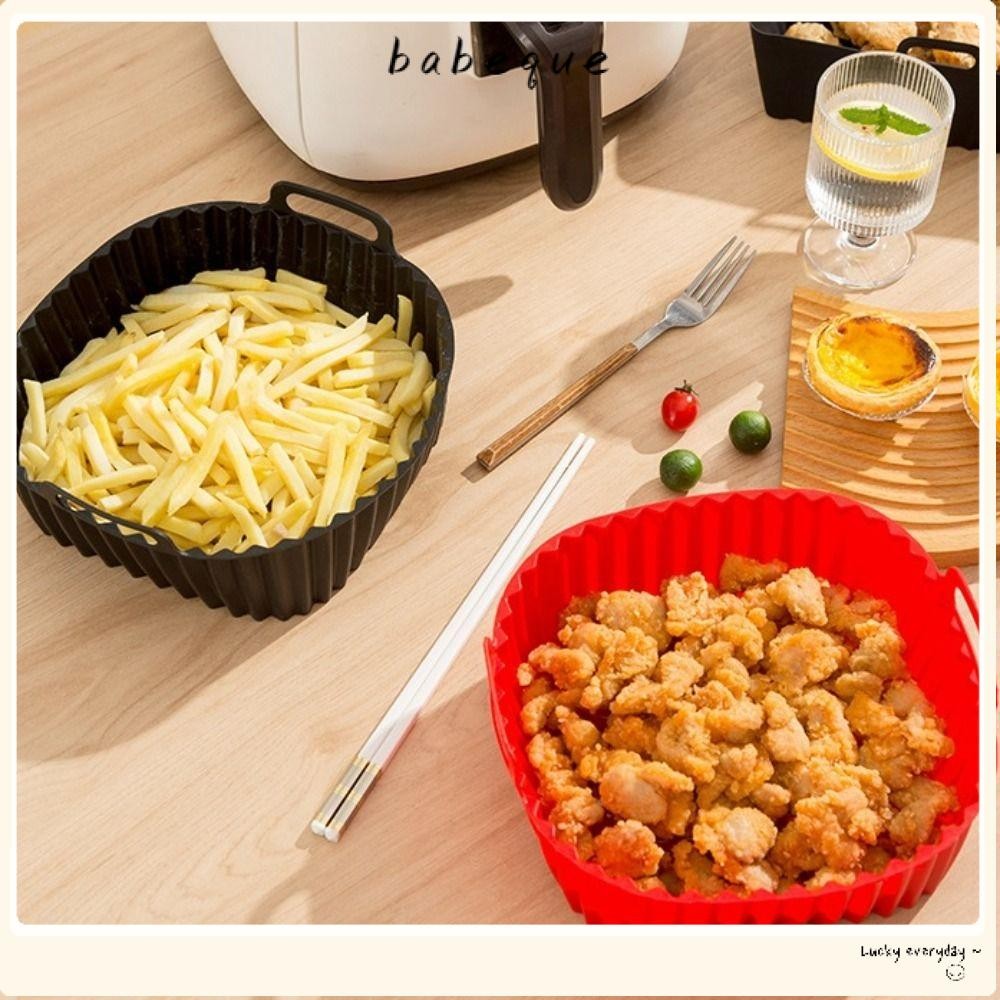 BABEQUE ซิลิโคน Air Fryer Liners พร้อมที่จับสําหรับเตาอบ 4-7 QT, Air Fryer อุปกรณ์เสริมสีดําสีแดงชาม