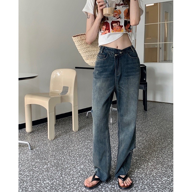 PPHOME Puffian Lazy Sister~Lazy Regular Irregular Ripped Jeans เอวสูง All-Match Slim-fit กว้าง @-
