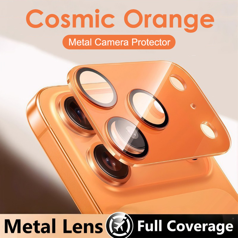 Cosmic Orange Metal Ring ตัวป้องกันเลนส์กล้อง สําหรับ iPhone 17 Pro Max Air 16 16E 15 14 Pro Max 16 Plus กระจกนิรภัยฝาครอบกล้อง