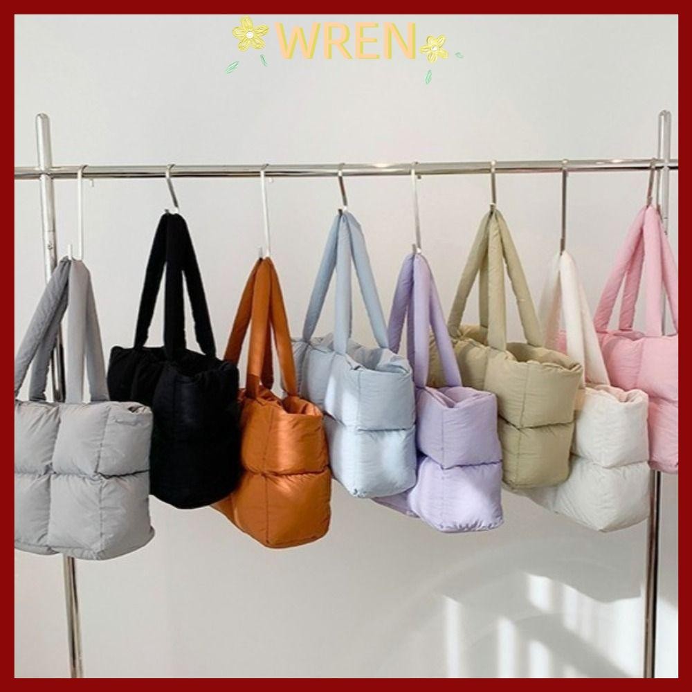 WREN Aesthetic Puffy Bags, กระเป๋าสะพายไหล่เดี่ยวสีทึบลายตารางหมากรุก, กระเป๋าโท้ตเมฆความจุขนาดใหญ่นุ่มอินเทรนด์สําหรับผู้หญิง
