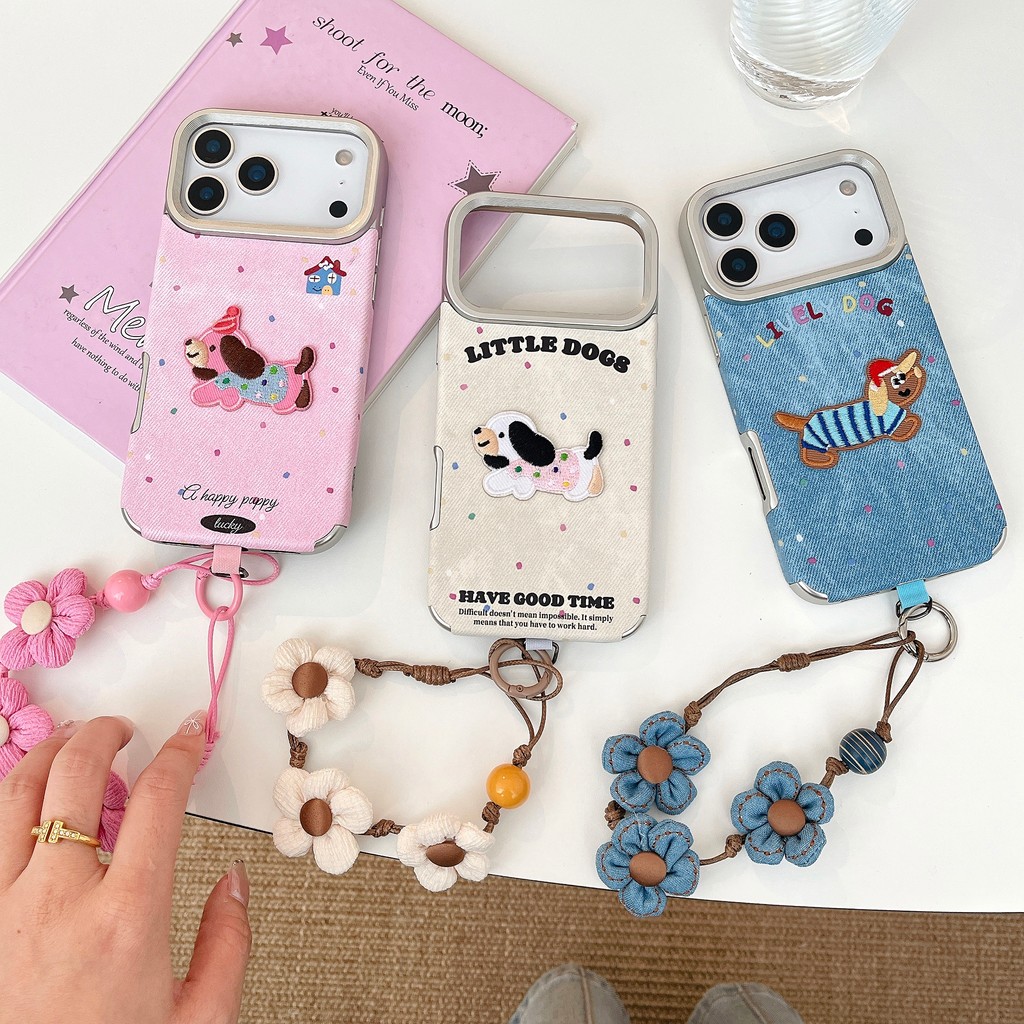 GOAT Denim หนังสามมิติเย็บปักถักร้อยสุนัขปลอกสําหรับ iPhone 17 16 PRO MAX 15 13 14 PRO MAX iPhone Anti-fall ป้องกันโทรศัพท์มือถือกรณี