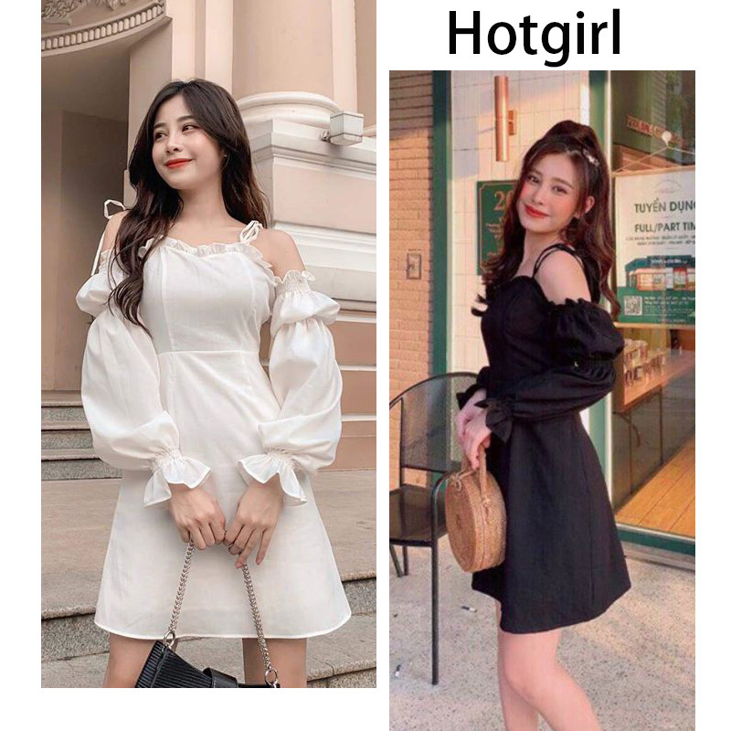 Hotgirl พร้อมส่งจากกทม ชุดเดรสผู้หญิง ชุดเดรสเปิดไหล่สีขาว เอวเซ็กซี่หวาน ชุดเดรสผูกเชือก
