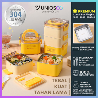 【Stainless 304】UNIQSOO Kotak Makan 3000ml Premium Stainless 304 Susun 3 Tingkat Anti Tumpah | Lunch Box Free Sendok + Tempat Saus
