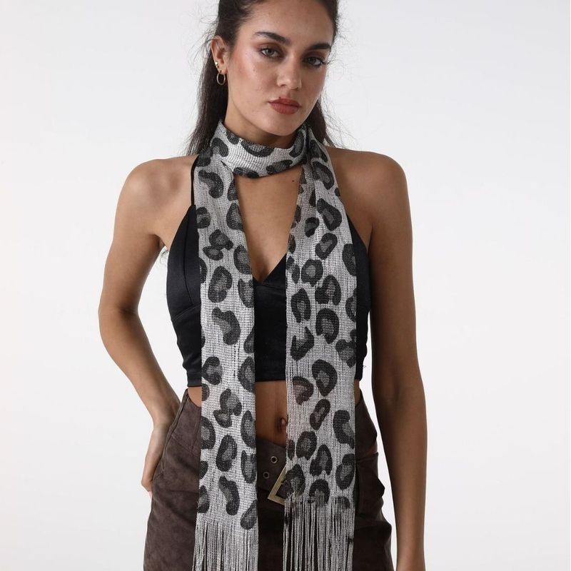 เสือดาวพิมพ์ผ้าพันคอผ้าไหมสดใสหญิง y2k แฟชั่น Retro sijin ผ้าพันคอแคบออกแบบ Halter คอผ้าพันคอ