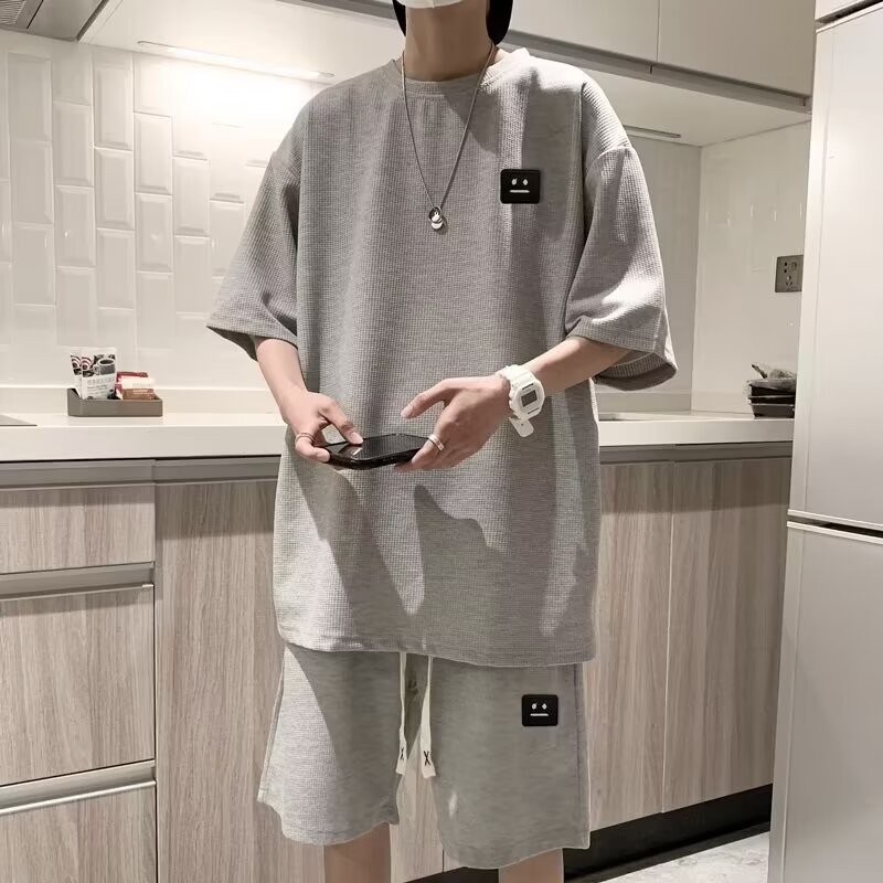 COD 2025 Waffle Short Sleeve T-Shirt Men's Set Summer Loose Retro Top Trendy American Style Clothing