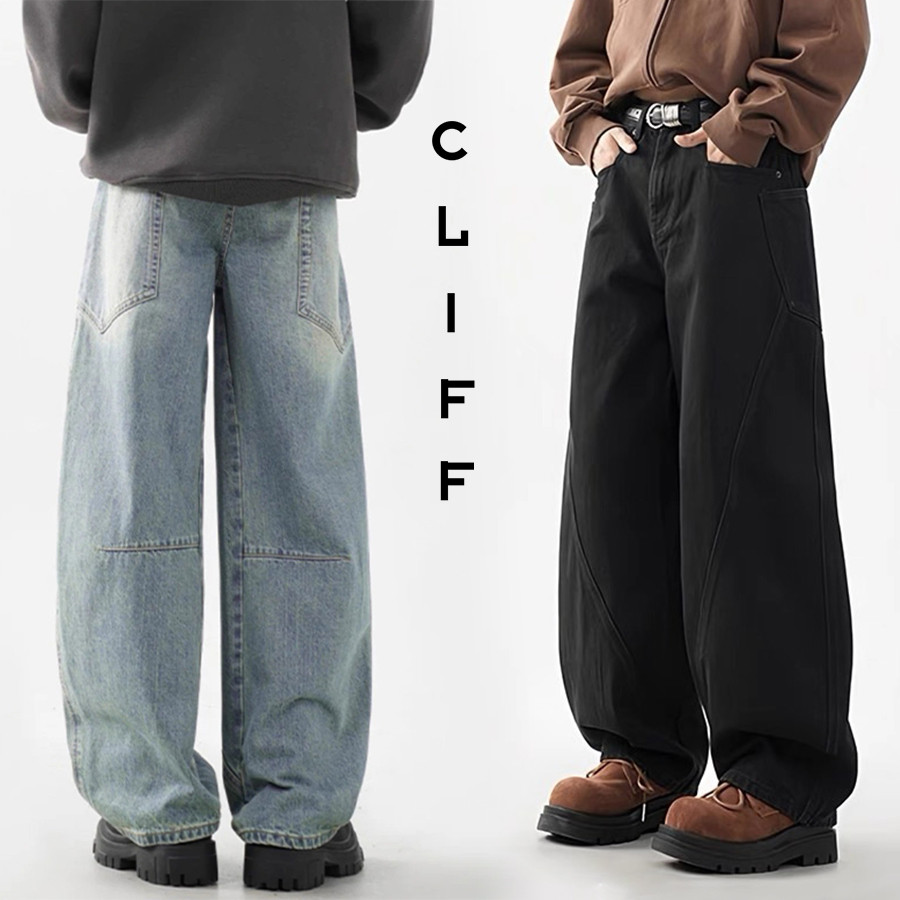CLIFF กางเกงยีนส์สไตล์ฮิปฮอปยอดนิยม  การออกแบบเส้นที่เรียบง่าย  ขากว้าง  แบบหลวม  แมทช์ลุคง่าย เกาหลีเรียบง่าย