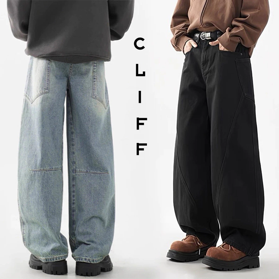 CLIFF กางเกงยีนส์สไตล์ฮิปฮอปยอดนิยม การออกแบบเส้นที่เรียบง่าย ขากว้าง แบบหลวม แมทช์ลุคง่าย เกาหลีเรียบง่าย