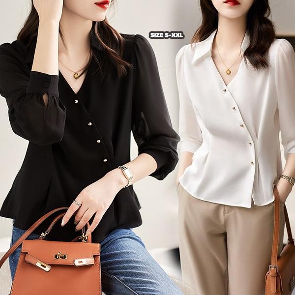 mimi&didi#เสื้อเบลาส์แขนยาว ทรงหลวมและเข้ารูปสำหรับใส่ไปทำงานหรือไปทำงาน เสื้อเชิ้ตทรงเข้ารูปตกแต่งชายเฉียงผู้หญิง#99205