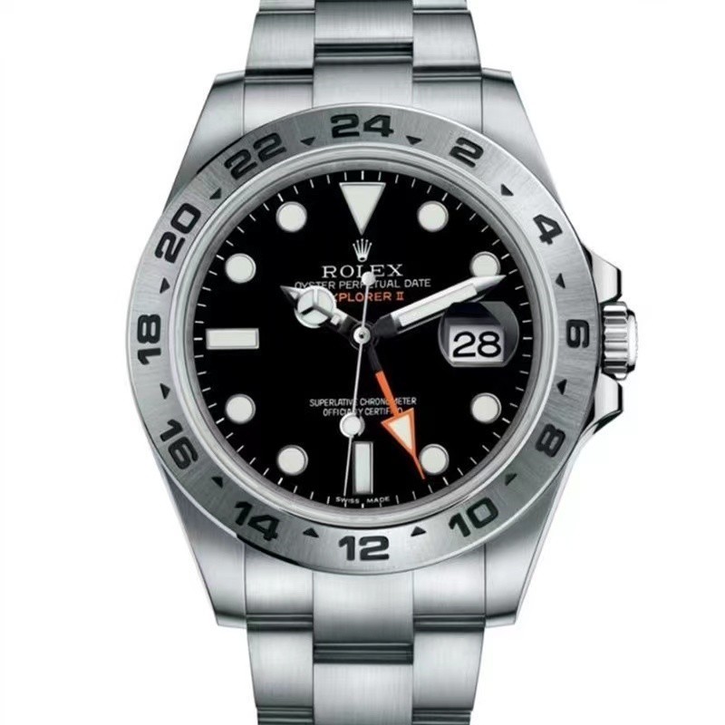 คุณภาพสูง Rolex-EXPLORER II คลาสสิกสีดําเงินผู้ชายสแตนเลสนาฬิกากลไกอัตโนมัติ เตรียมสต็อก