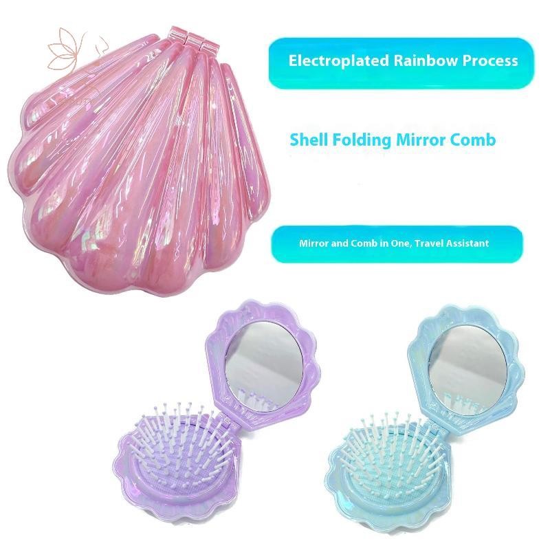 [เมย์บิวตี้] เปลือกหอย หวีพับถุงลมนิรภัยแปรงผมพร้อมกระจกหวีป้องกันไฟฟ้าสถิตมัลติฟังก์ชั่ปฏิบัติพลาสติกแปรงผมและหวี {ไทย}