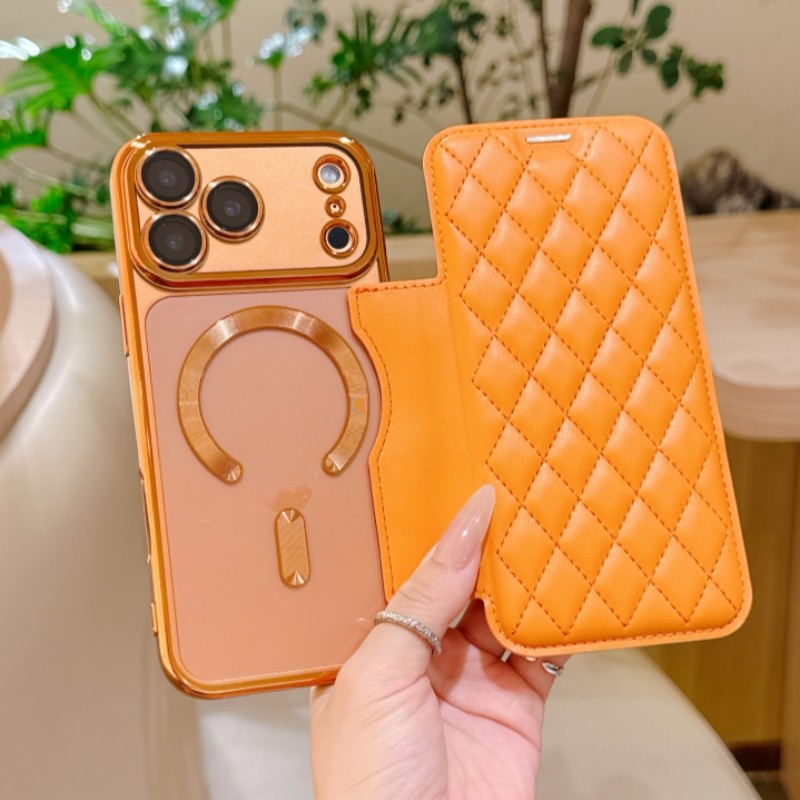 High-end Electroplated Magnetic Flip CoverปลอกหนังสําหรับIPhone 17 Air 16 15 14 13 Pro Max Anti Dropโปร่งใสกรณีการ์ด