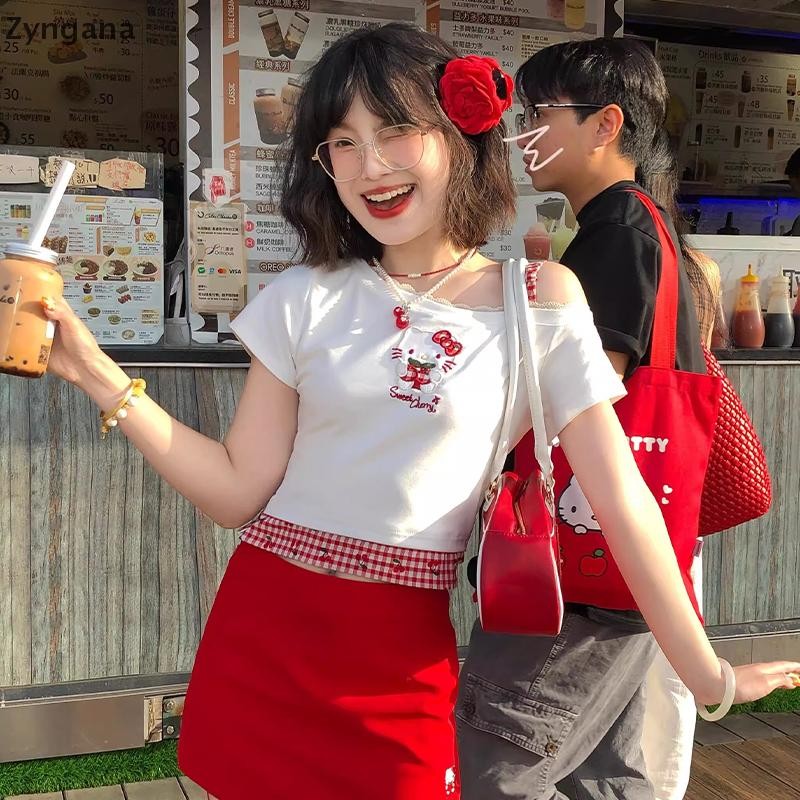 Zyngana เสื้อยืดฤดูร้อนผู้หญิง Chic Y2K ปิดไหล่แขนสั้น Slim Crop Top TH - รูปที่ 5