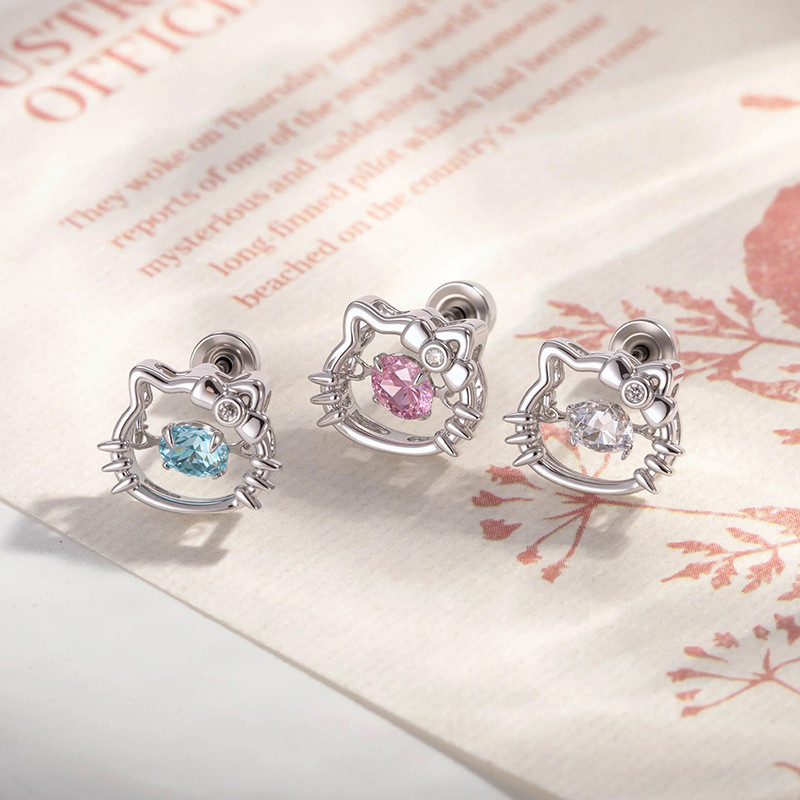ใหม่ Sweet Girly Style Beating Zircon Hollow Cat Head ต่างหูสไตล์กระดูกอ่อนเจาะต่างหู