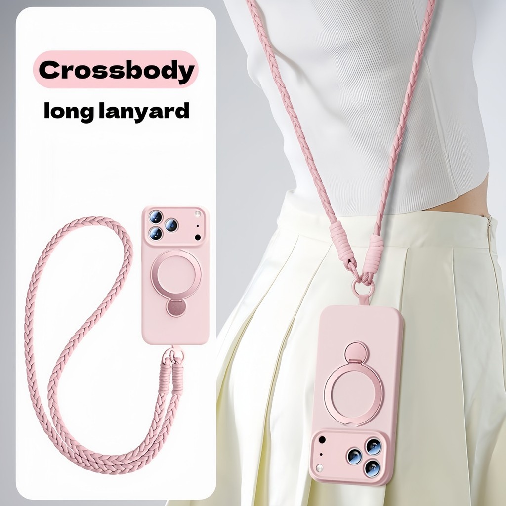 ปลอกซิลิโคนเหลวเคสนิ่มพร้อมขาตั้งเคสโทรศัพท์หรูหราพร้อมเชือกคล้อง crossbody สําหรับ iPhone 17 Pro Max Air Case สายรัดข้อมือ 17pro แม่เหล็กกันกระแทกสายสีชมพู