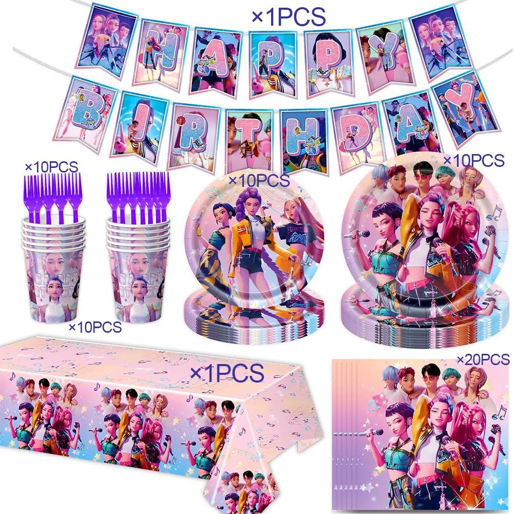 Kpop Demon Hunter สาววันเกิดตกแต่งธง Surprise ดึงแผ่นชุดอุปกรณ์ถ้วย F9G9