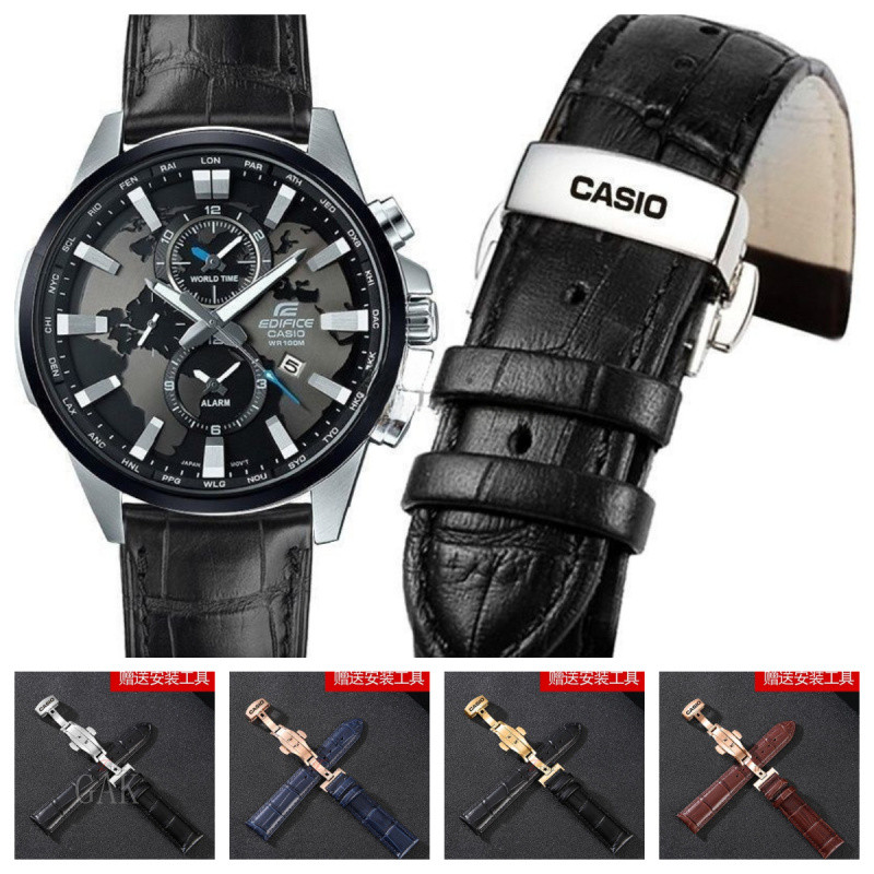 สายนาฬิกาหนังแท้ 14/16/17/18/19/20/22/24mm สร้อยข้อมือสําหรับ Casio EFR-303L EQB-501 EFS-S500 ผู้ชายผู้หญิงนาฬิกาโลโก้หัวเข็มขัดผีเสื้อ