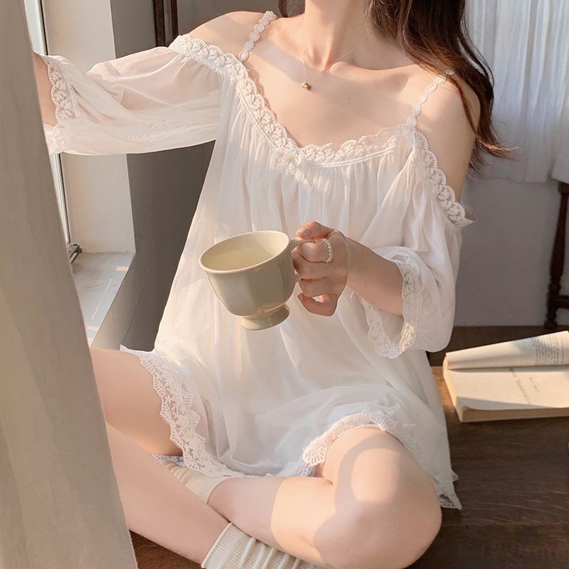 ชุดนอนมิโกะ bonnie pajamas ชุดนอนฤดูร้อนผู้หญิงชุดทูพีซเปิดไหล่ชุดนอนน่ารักเปิดไหล่ชุดนอนลูกไม้สีขาว