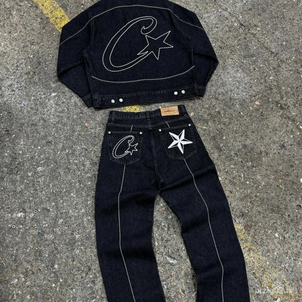 Corteiz Devil Island Denim Suit High Street Western Denim Jacket Jacket Loose Jeans Street Wear---คุ