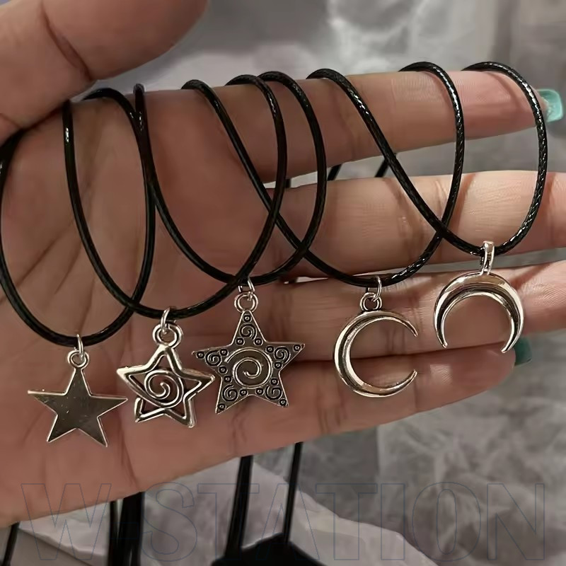 Y2K Star Moon Pendant Necklace - Couple Necklace - Sweet Cool Leather Rope Necklace - Silver Color P