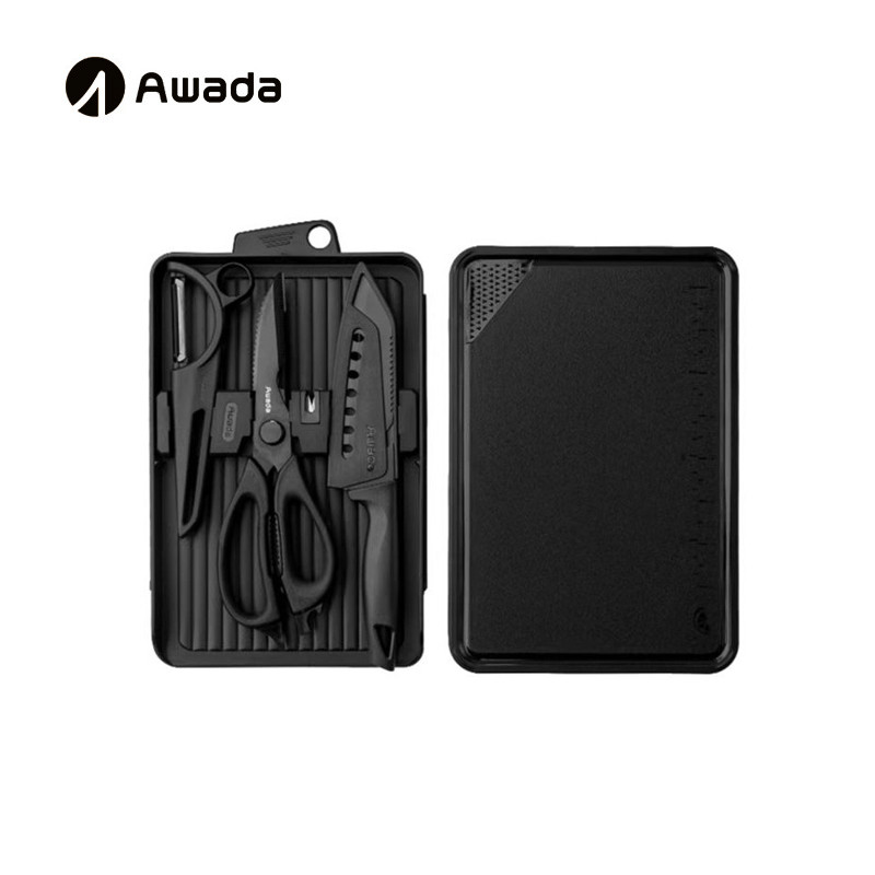 Awada เครื่องครัวกลางแจ้งแบบพกพาชุด Haoying ชุดตัด Blackened Camping เครื่องมือเขียงกรรไกร Peeler