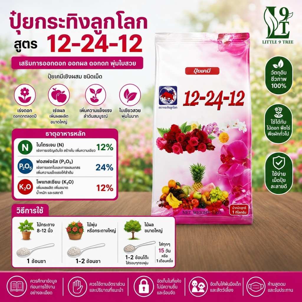 ปุ๋ยเคมี 12-24-12 ตรากระทิง ขนาด 1 kg. L9T LittleTreeFactory