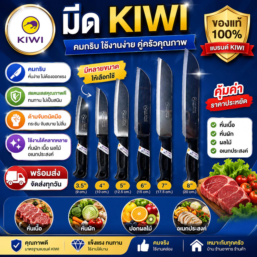 KIWI มีดกีวี มีดทำครัวสแตนเลส มีดหั่น มีดสับ มีดอเนกประสงค์ ด้ามดำ No.474-479 พร้อมส่ง